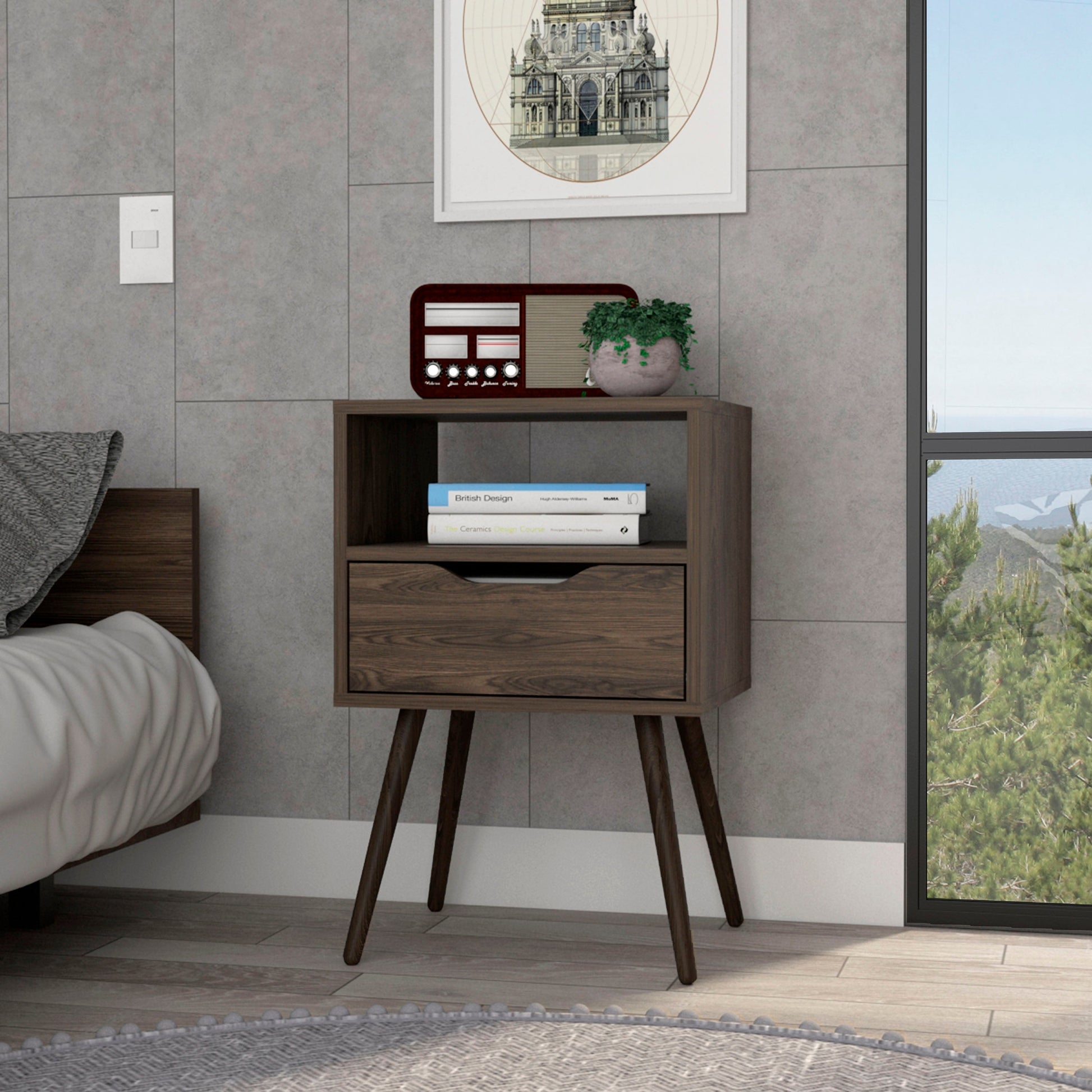 Nightstand 25"H, Superior Top, Four Legs, One Open Shelf, One Drawer, Dark Walnut Brown Particle Board Particle Board