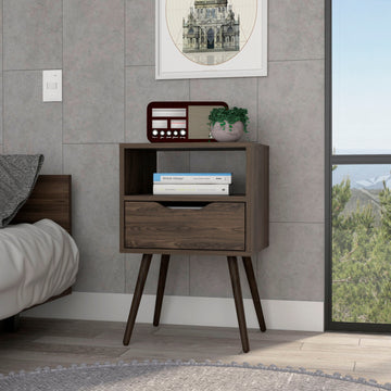 Nightstand 25"H, Superior Top, Four Legs, One Open Shelf, One Drawer, Dark Walnut Brown Particle Board Particle Board