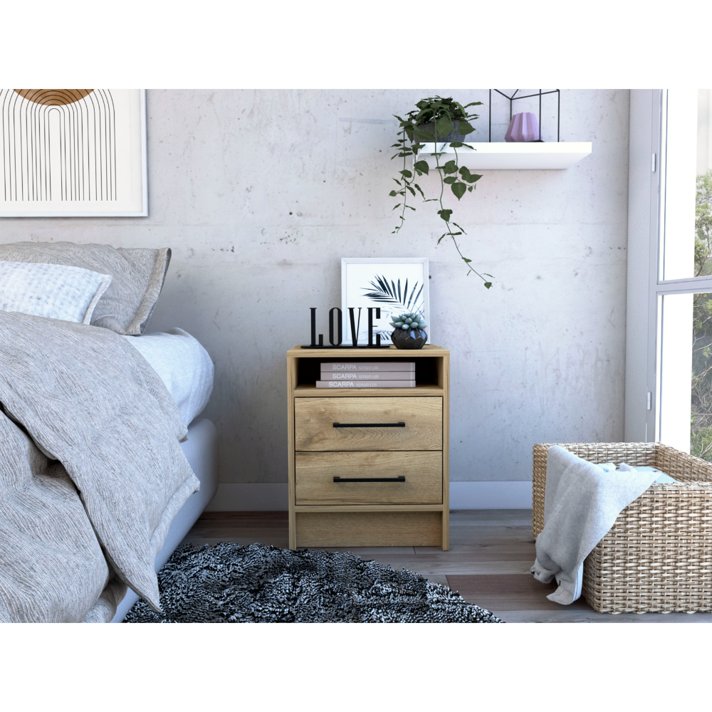 Nightstand 20"H, Two Drawers, Superior Top, Metal Handles, Light Oak Beige Particle Board Particle Board