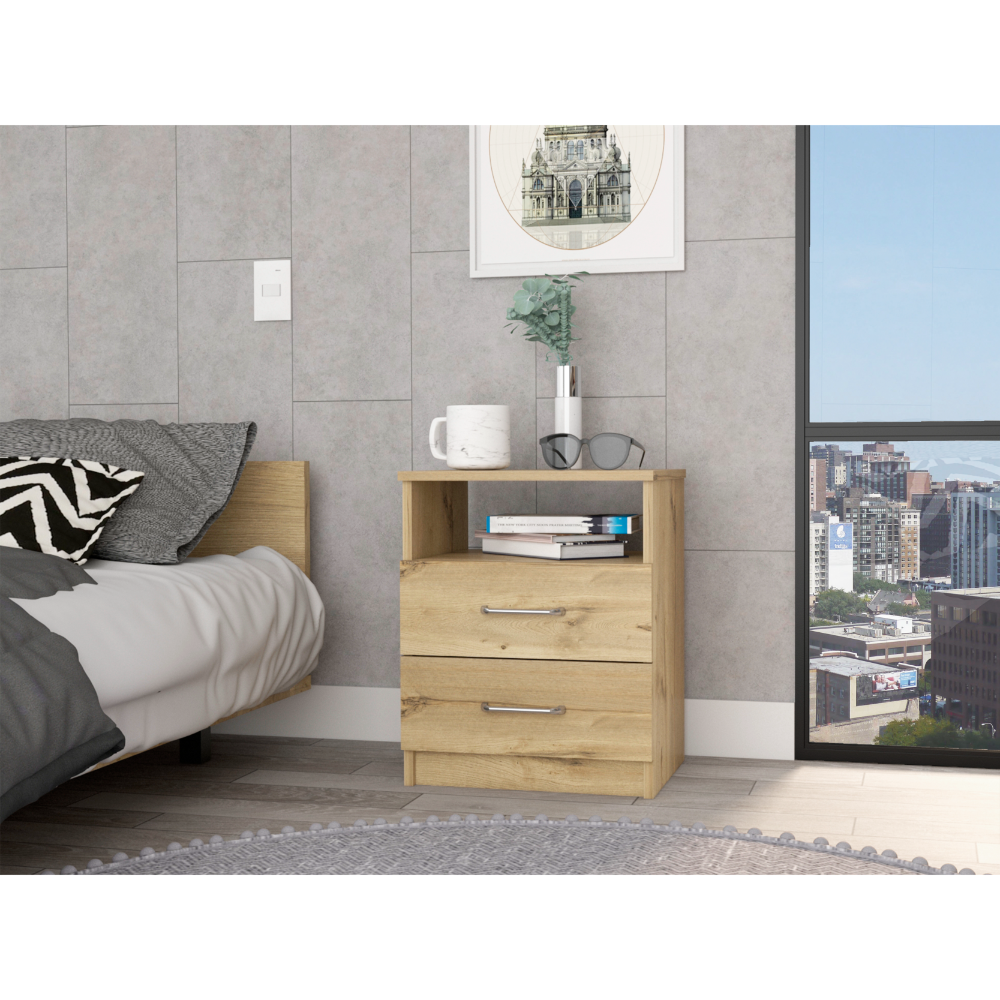 Nightstand 20"H, Two Drawers, One Shelf, Superior Top, Light Oak Beige Particle Board Particle Board