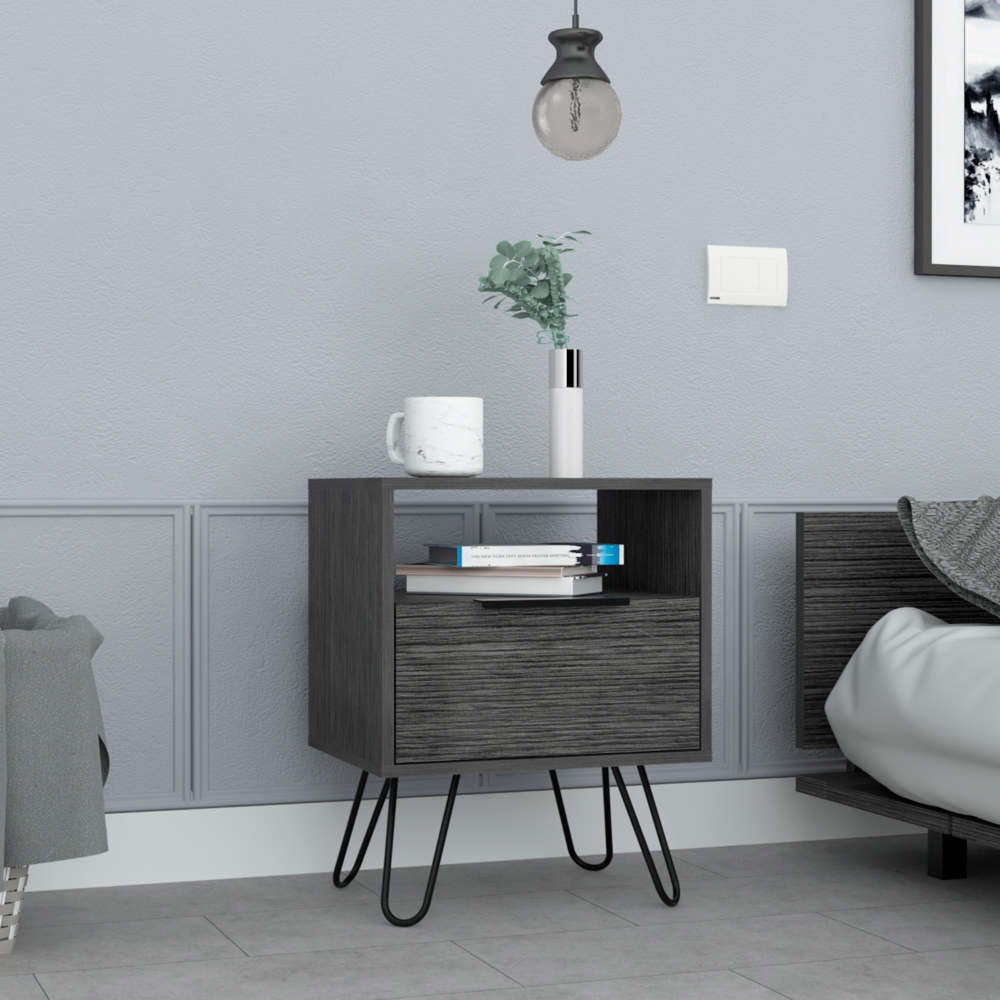 Nightstand 22"H, One Open Shelf, Single Door Cabient, Hairpin Legs, Smokey Oak Gray Particle Board Particle Board