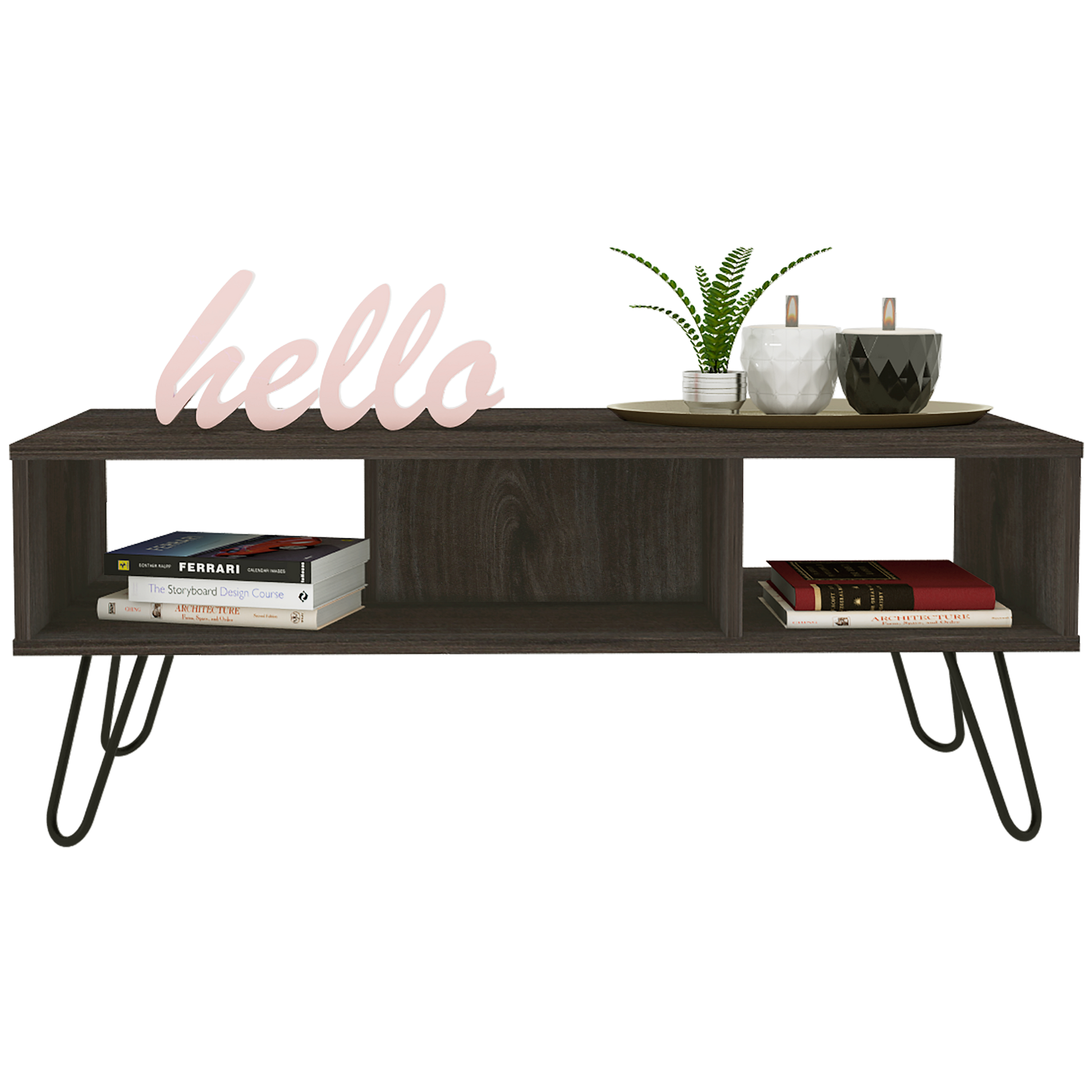 Vassel Coffee Table, Hairpin Legs, Two Shelves Espresso Brown Particle Board Particle Board