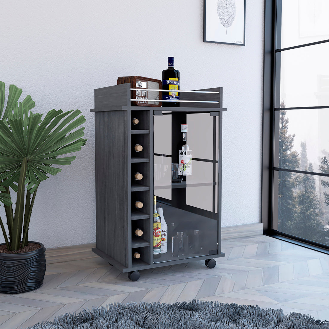 Dukat Bar Cart,Two Shelves, Six Built In Wine Rack, Four Casters Smokey Oak Gray Particle Board Particle Board