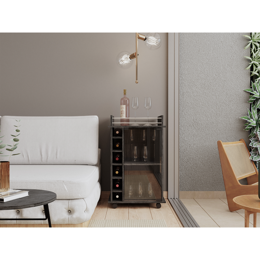 Bar Cart, Glass Door, Four Casters, Two Shelves, Smokey Oak Gray Particle Board Particle Board