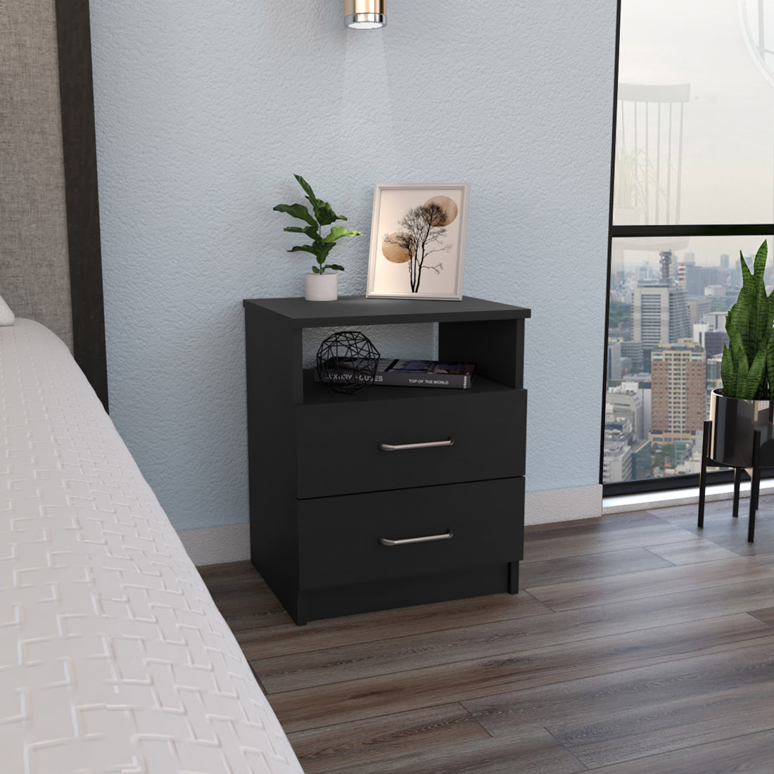 Napoles Nightstandend Table, Side Table Superior Top, Two Drawers, One Shelf Black Black Particle Board Particle Board