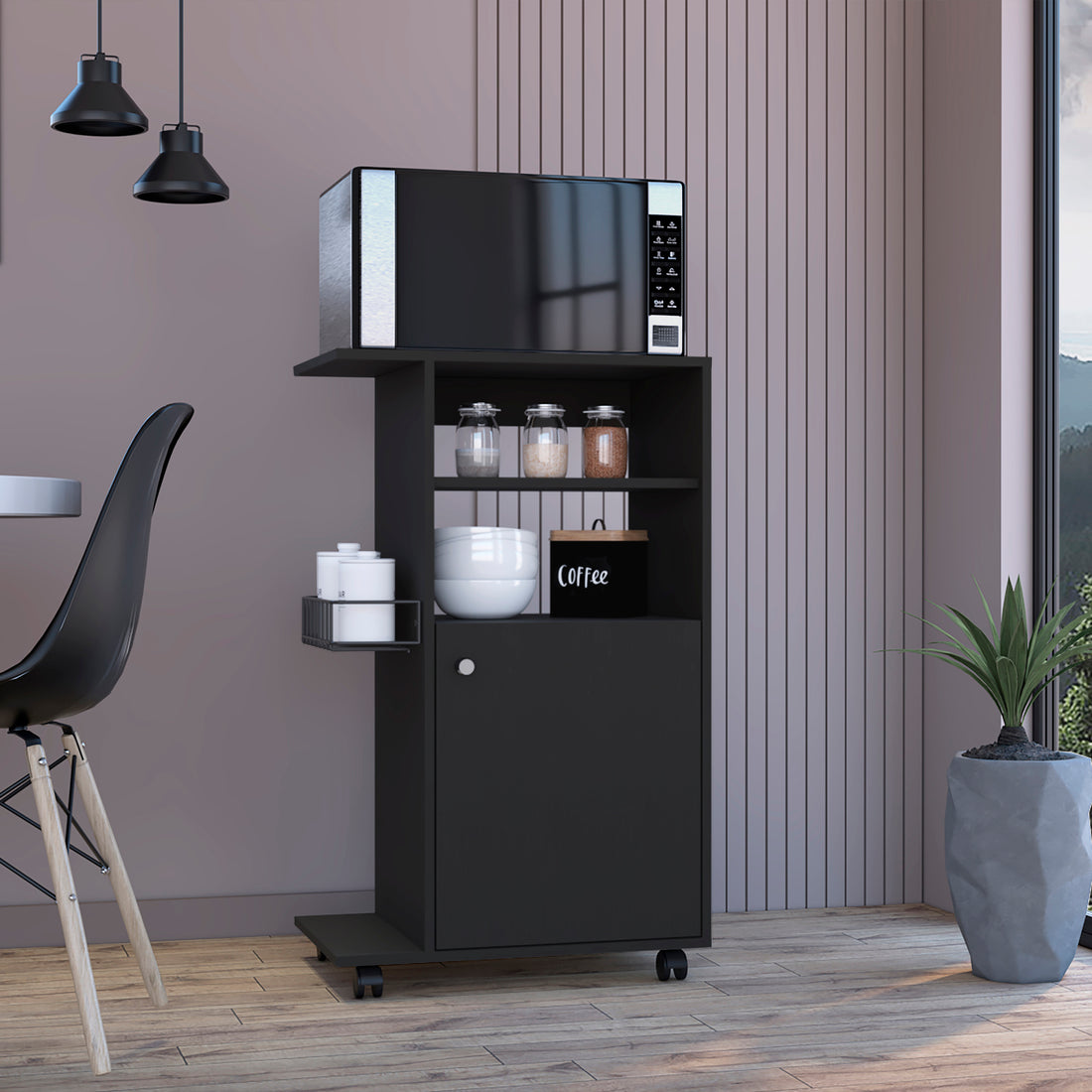 Clip Kitchen Cart, Single Door Cabinet, Four Casters black-particle board-particle board