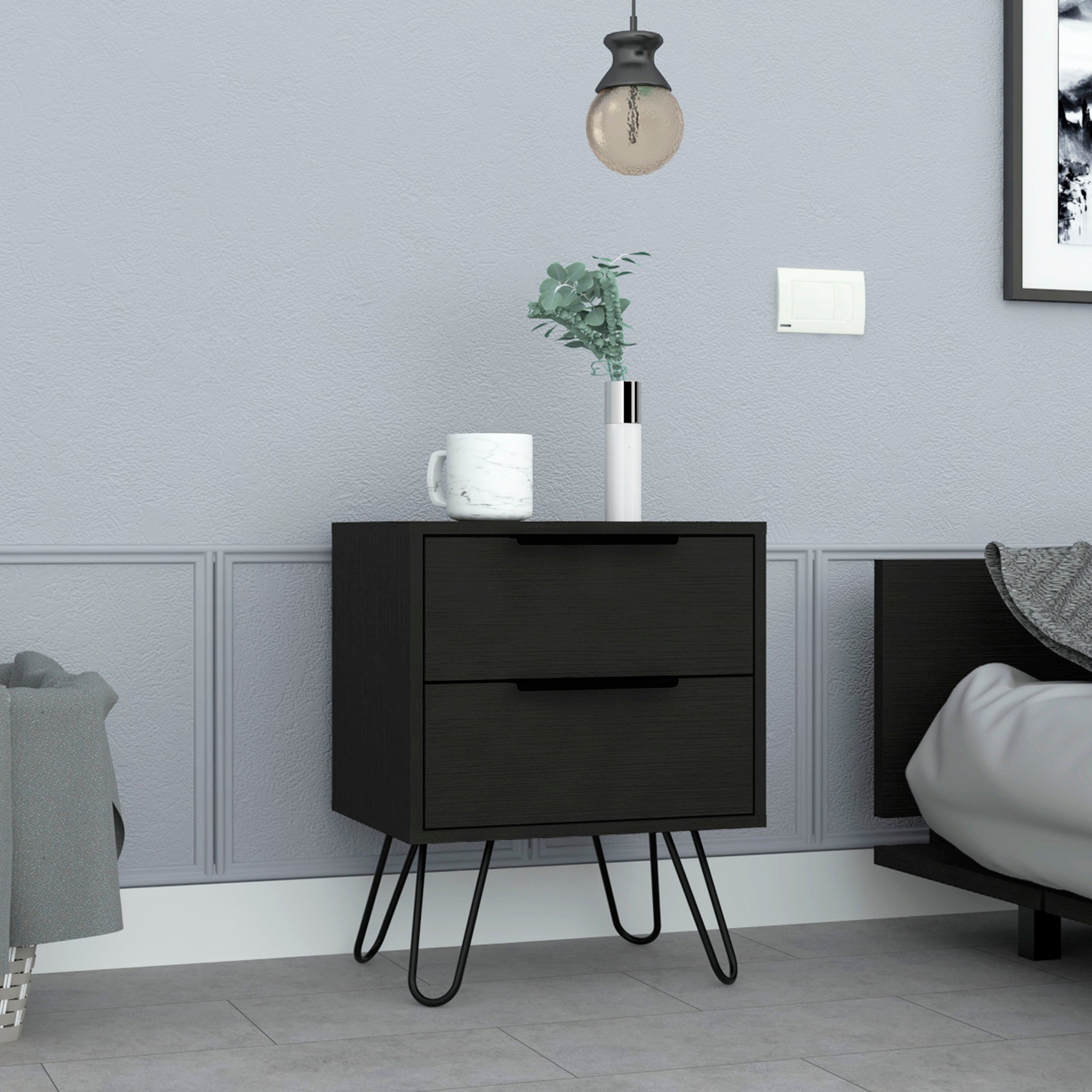 Augusta 2 Nightstandend Table, Side Table Four Legs, Two Drawers Black Black Particle Board Particle Board