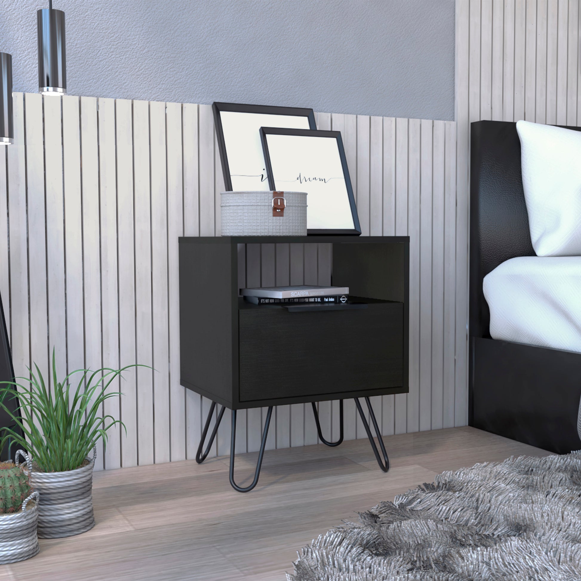 Augusta Nightstandend Table, Side Table Single Door Cabinet, Hairpin Legs Black Black Particle Board Particle Board