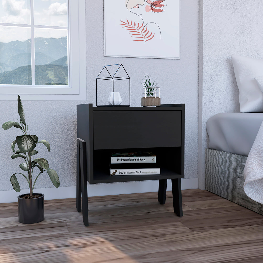 Joy Nightstandend Table, Side Table Four Legs, One Open Shelf, One Drawer Black Black Particle Board Particle Board