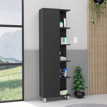 Linen Single Door Cabinet 62" H, Five External Shelves, Four Interior Shelves, Black Black Particle Board Particle Board