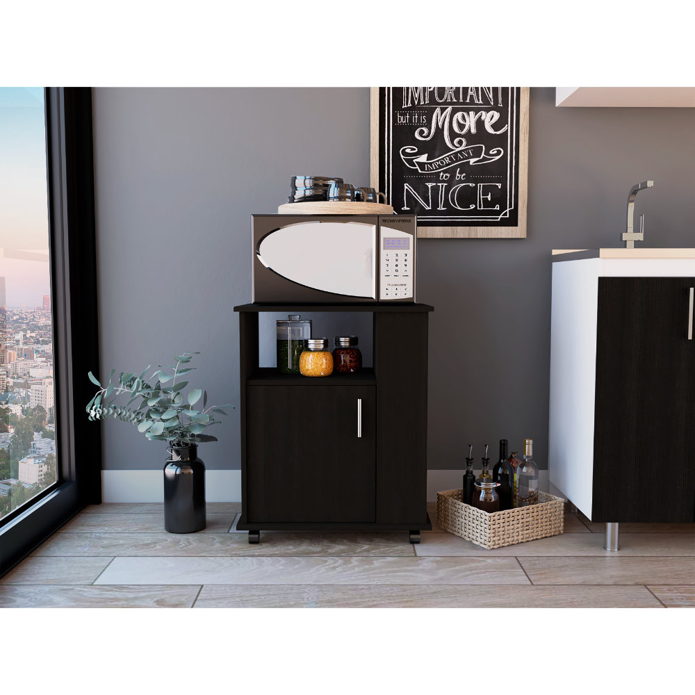 Lower Microwave Pantry 29" H, Single Door Cabinet, One Open Shelf, Three Side Shelves, Black Black Particle Board Particle Board