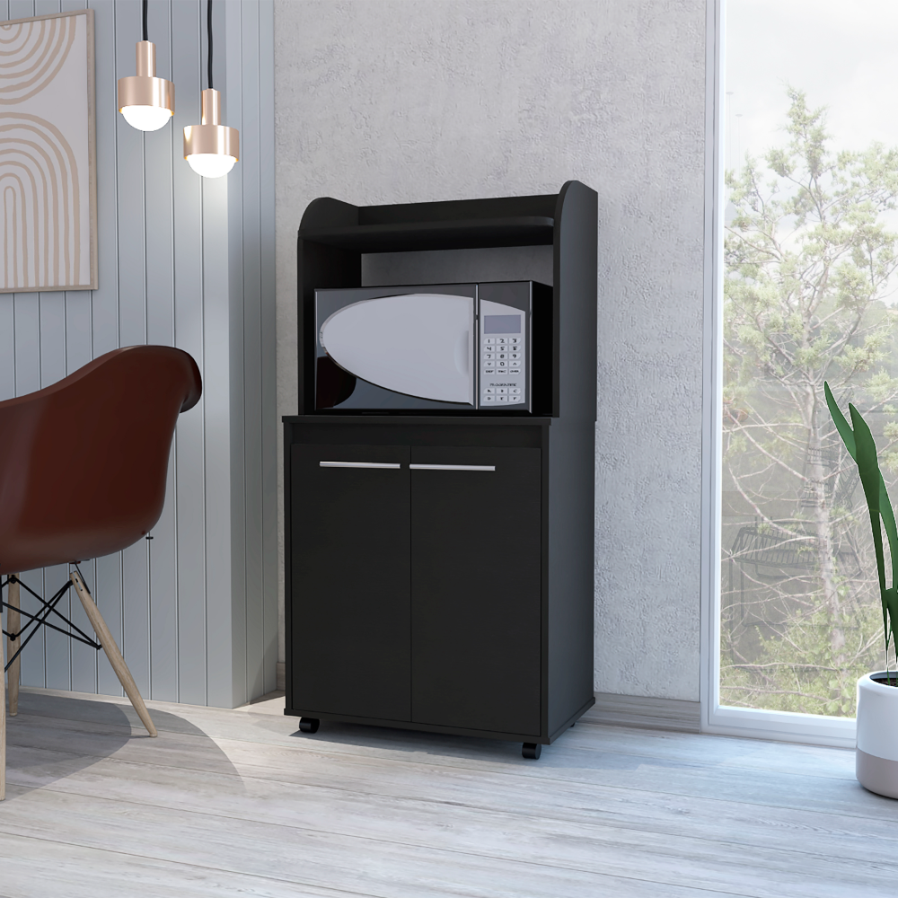 Kitchen Cart 49" H, Two Door Cabinet, One Open Shelf, Two Interior Shelves, Black Black Particle Board Particle Board