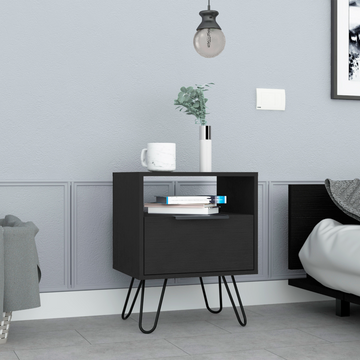Nightstand 22"H, One Open Shelf, Single Door Cabient, Hairpin Legs, Black Black Particle Board Particle Board