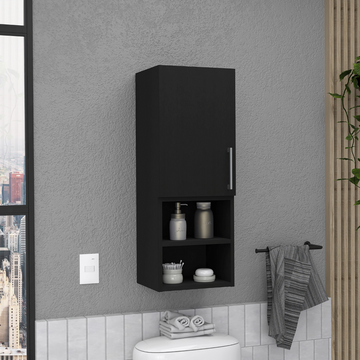 Medicine Single Door Cabinet 31"H, Two External Shelves, Two Interior Shelves, Black Black Particle Board Particle Board