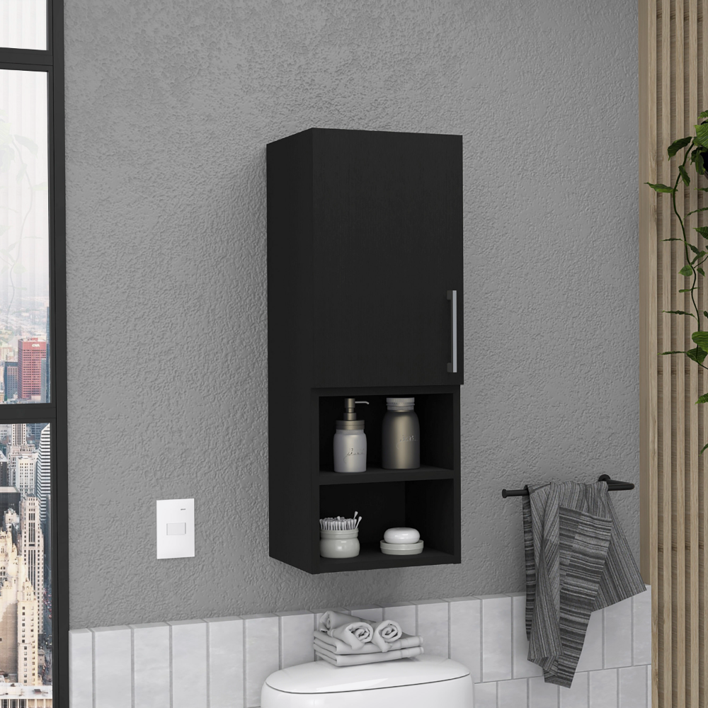Medicine 31H" Single Door Cabinet, Two External Shelves, Two Interior Shelves, Black Black Particle Board Particle Board