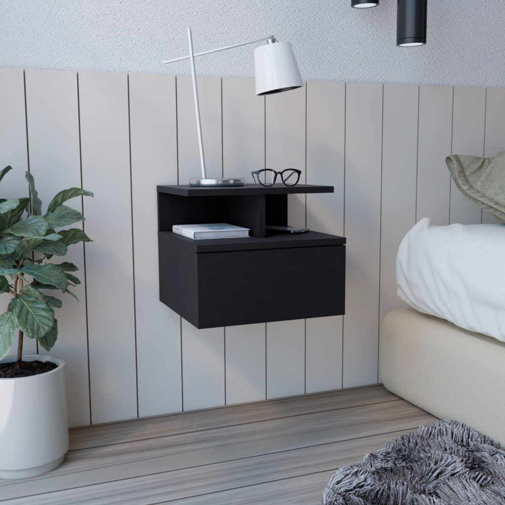 Adele Floating Nightstandend Table, Side Table Drawer, Open Top Shelves Black Black 1 Drawer Bedroom Floating Modern Shelf Particle Board Particle Board