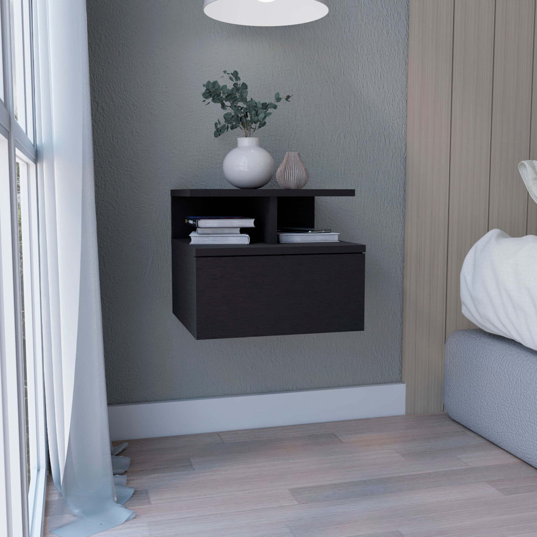 Floating Nightstand 12"H, Wall Mounted With Single Drawer And 2 Tier Shelf, Black Black Particle Board Particle Board