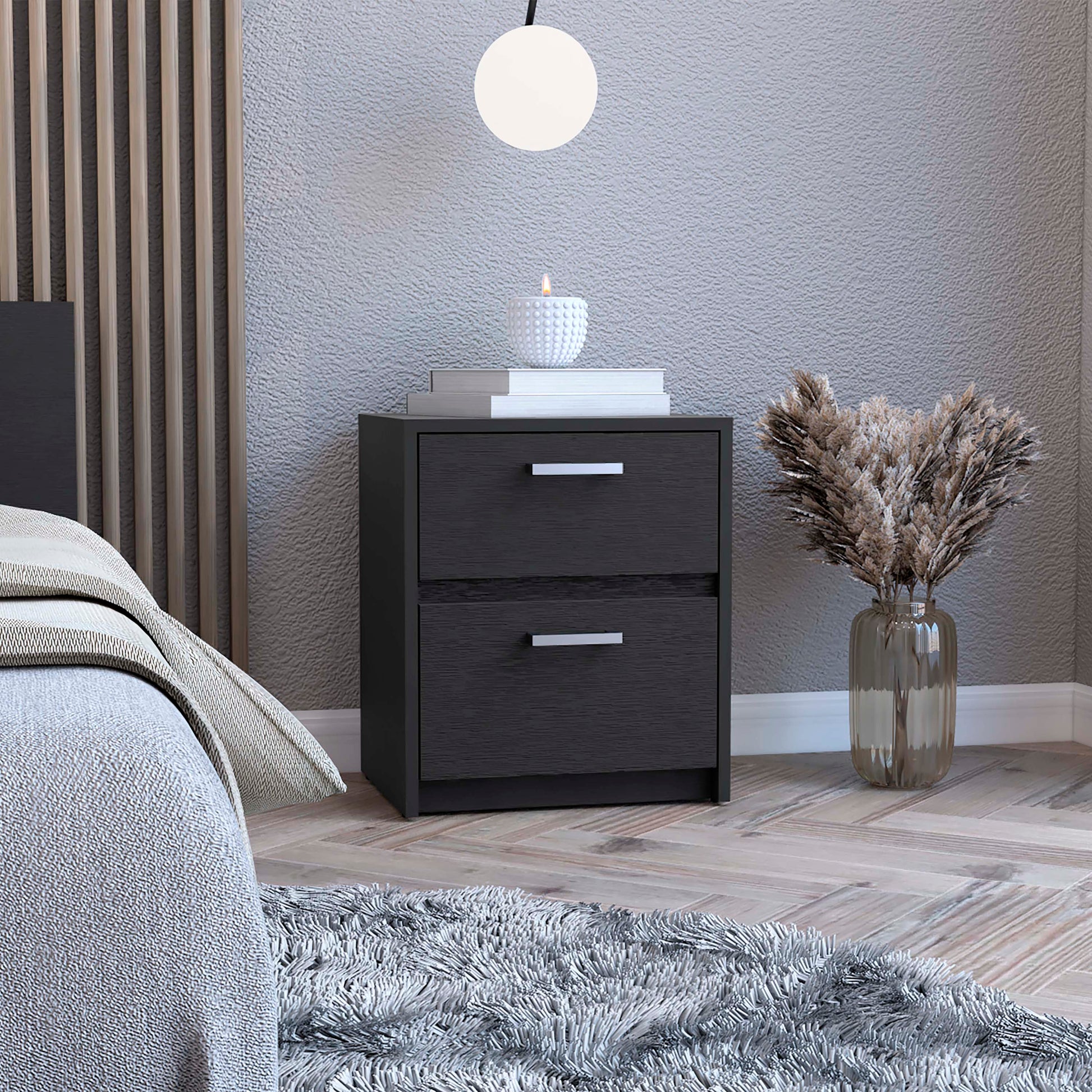 Trivor 2 Drawers Nightstandend Table, Side Table Metal Handles Black Black 2 Drawers Bedroom Rectangle Modern Easy Assembly Black Particle Board Particle Board