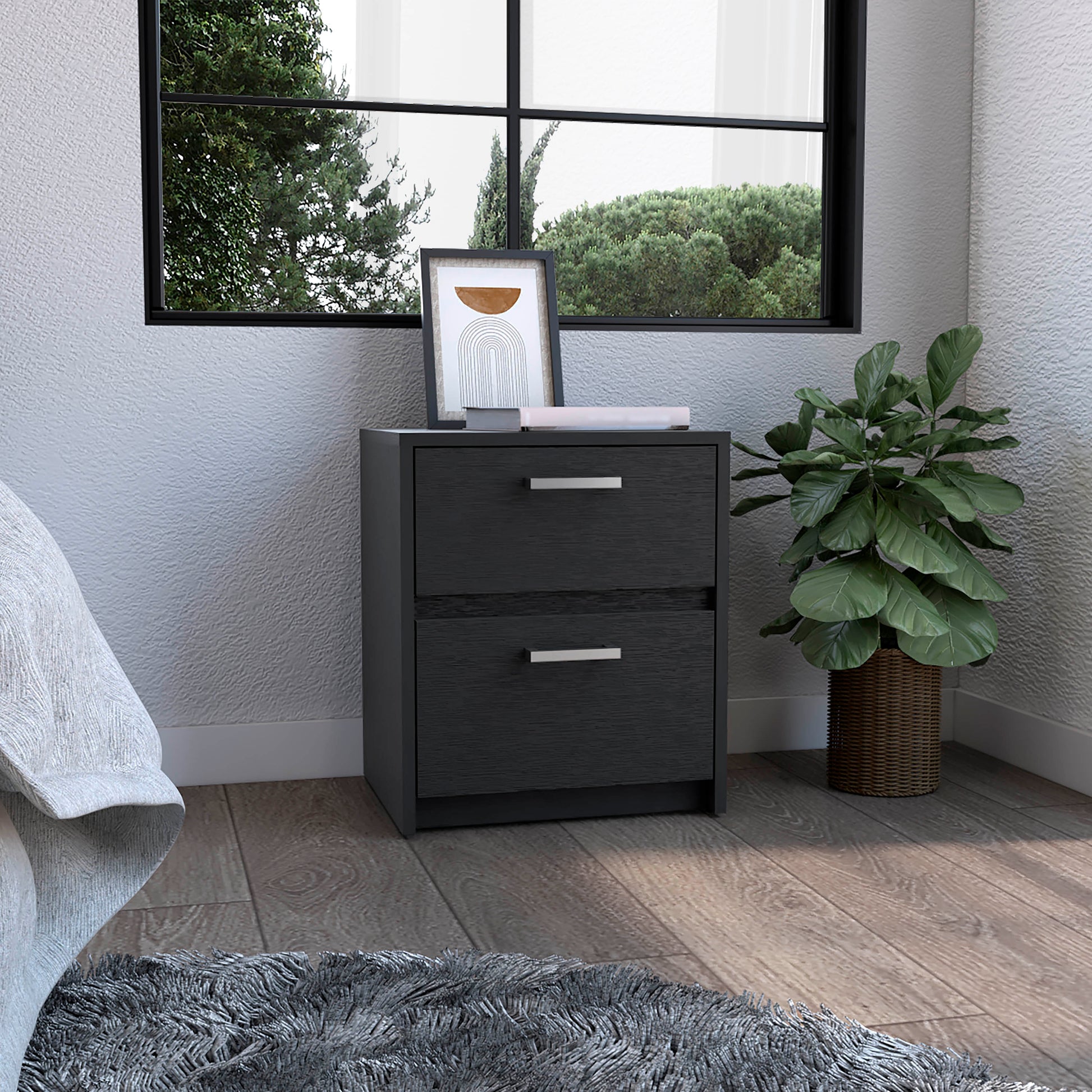 Nightstand 18"H2 Drawers With Metal Handles, Black Black Particle Board Particle Board