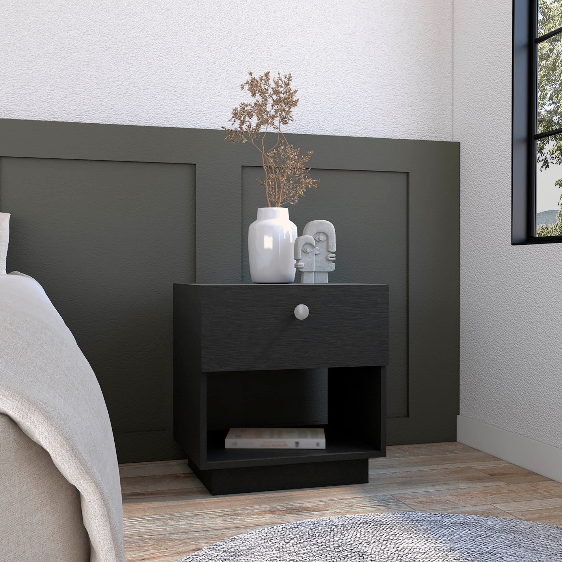 Single Drawer Nightstand 19"H With Open Storage Shelf, Black Black Particle Board Particle Board