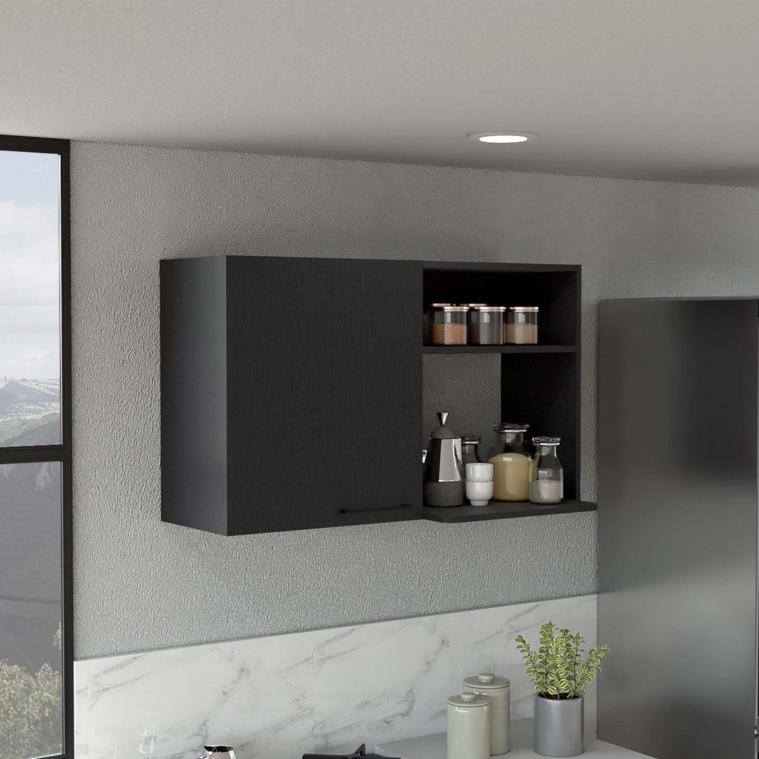 Stackable Wall Storage Cabinet 24" H, Two Internal Shelves, Two External Storage Shelves, One Door, Black Black Particle Board Particle Board