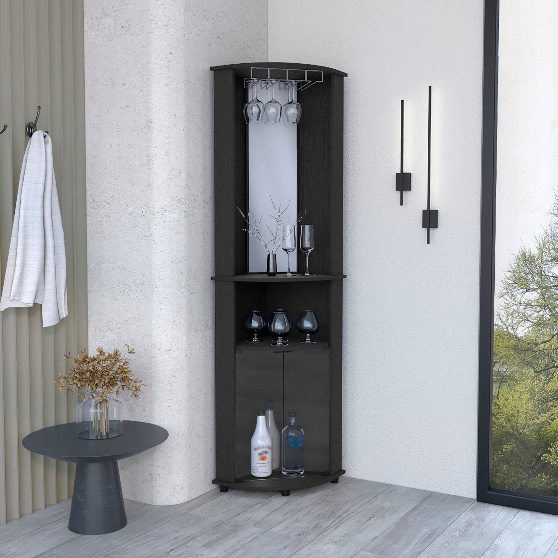 74" H Black Bar Coffee Corner Cabinet Storage, With Rounded Front Design, With 2 Central Shelves, 1 Glass Holder In The Upper Compartment And 1 Storage With Double Glass Door In The Lower Part. Black Particle Board Particle Board