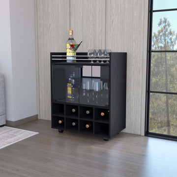 32" H Black Bar Coffee Cart, Kitchen Or Living Room Cabinet Storage With 4 Wheels, With 8 Bottle Racks, A Central Shelf Covered By 1 Galss Door, Ideal For Storing Glasses And Snacks Black Particle Board Particle Board