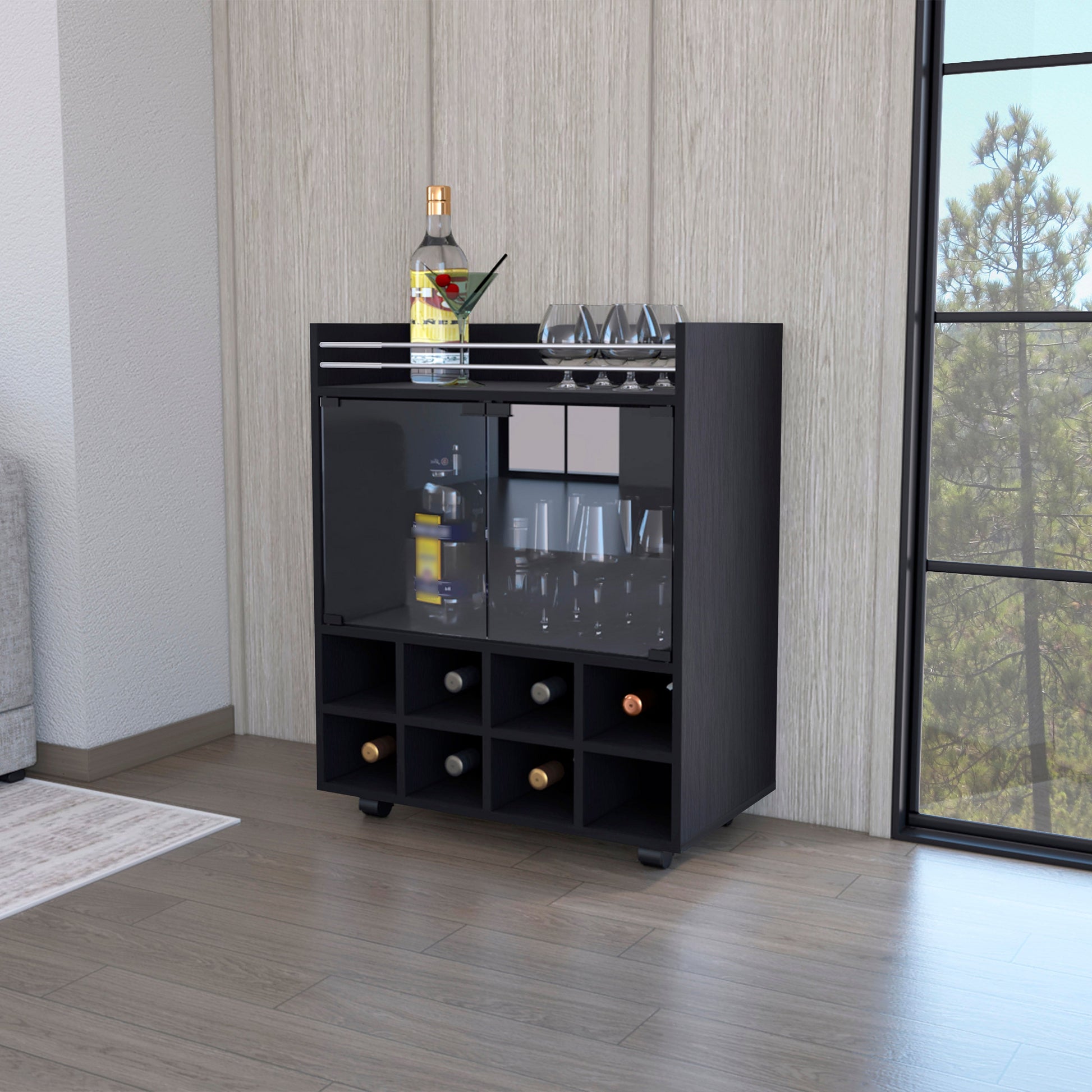 32" H Black Bar Coffee Cart, Kitchen Or Living Room Cabinet Storage With 4 Wheels, With 8 Bottle Racks, A Central Shelf Covered By 1 Galss Door, Ideal For Storing Glasses And Snacks Black Particle