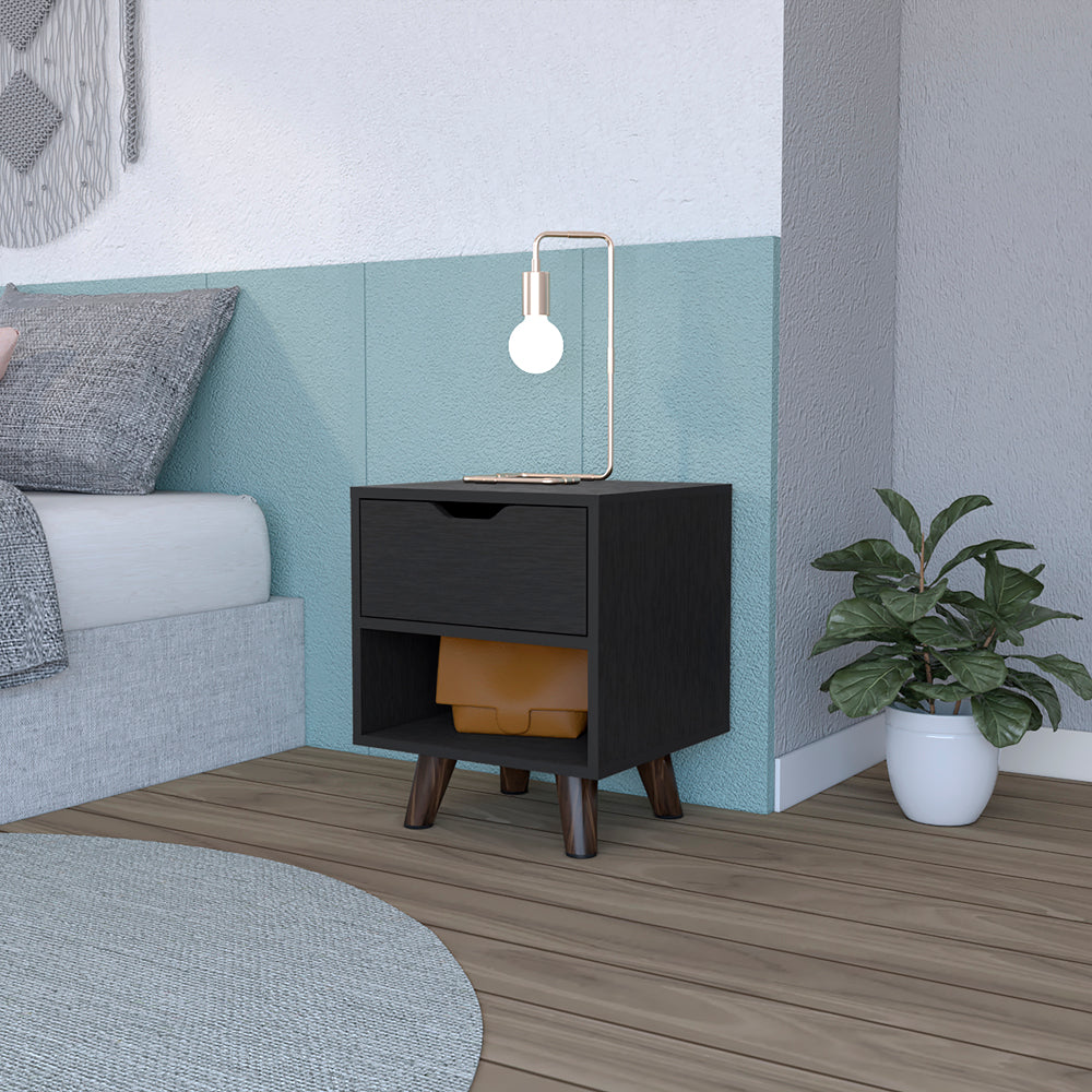 Modern Nightstand 19"H With Spacious Drawer, Open Storage Shelf And Chic Wooden Legs, Black Black Particle Board Particle Board