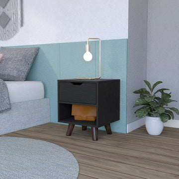 Modern Nightstand 19"H With Spacious Drawer, Open Storage Shelf And Chic Wooden Legs, Black Black Particle Board Particle Board
