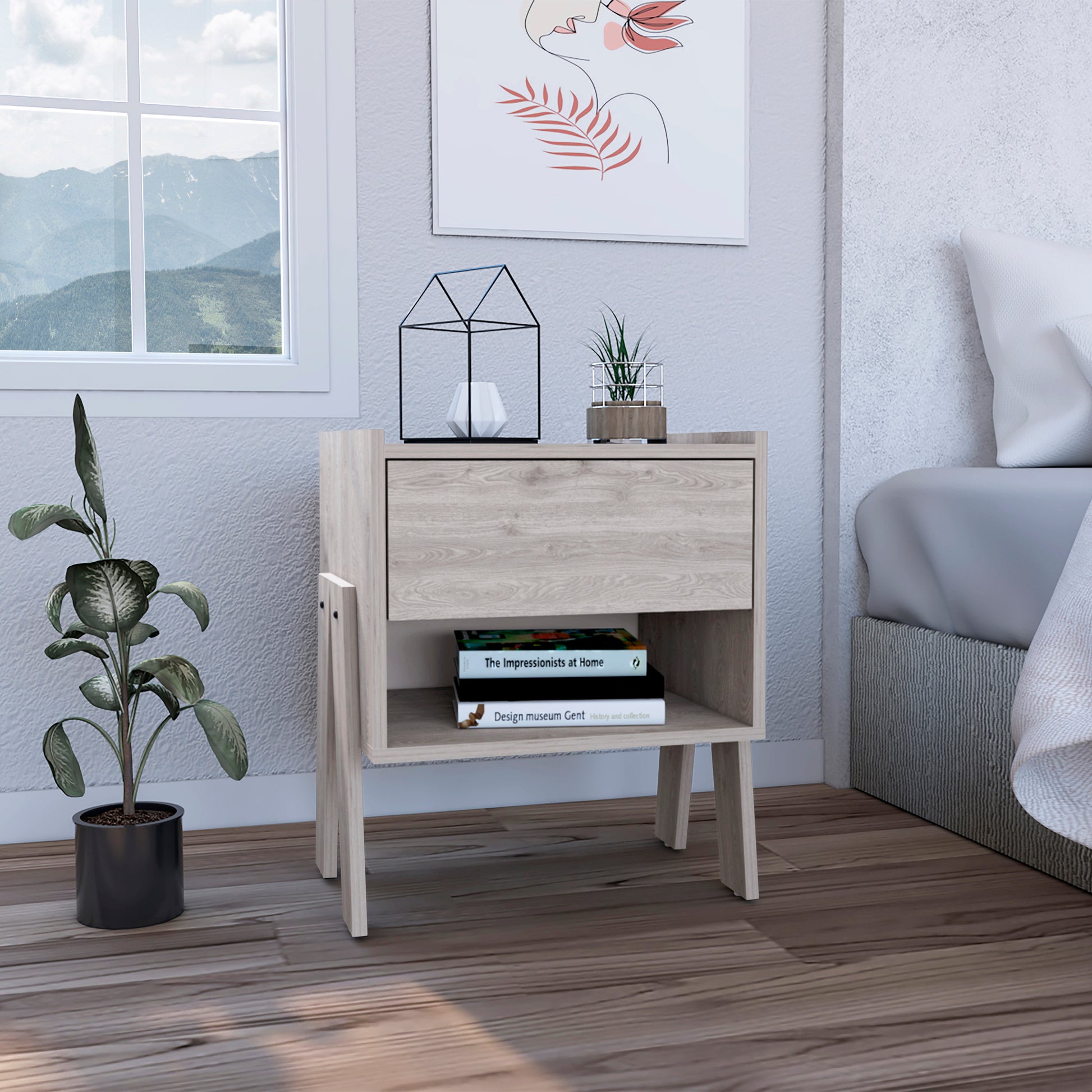 Joy Nightstandend Table, Side Table Four Legs, One Open Shelf, One Drawer Light Gray Gray Particle Board Particle Board