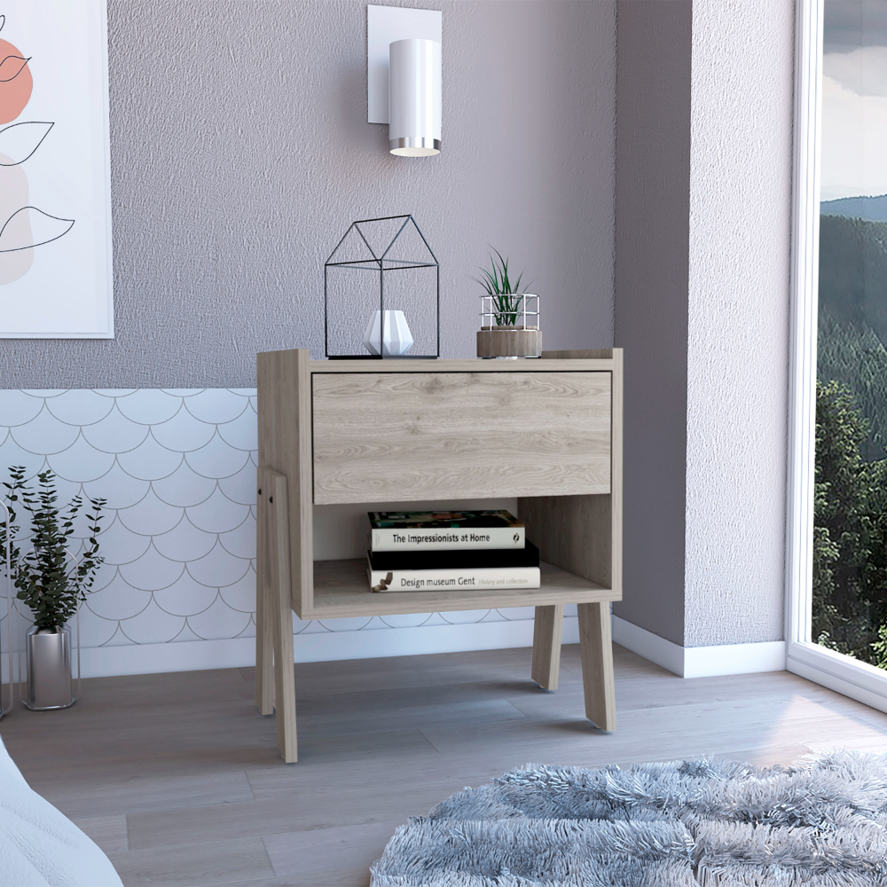 Nightstand 22"H, One Drawer, One Open Shelf, Light Gray Gray Particle Board Particle Board