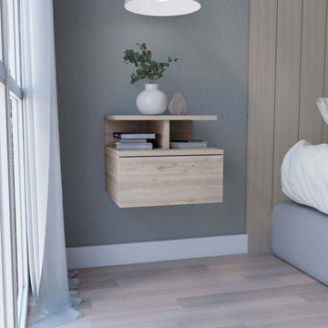 Floating Nightstand 12"H, Wall Mounted With Single Drawer And 2 Tier Shelf, Light Gray Gray Particle Board Particle Board