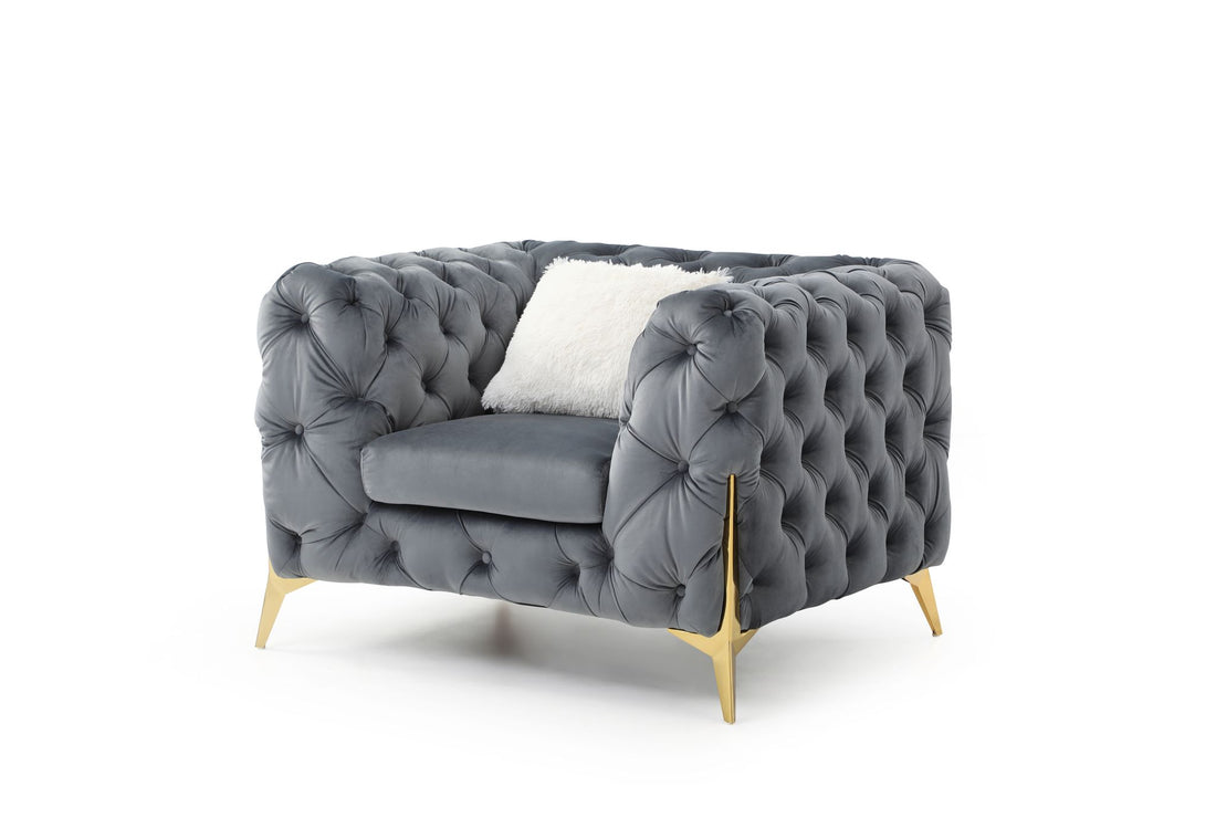 Moderno Tufted Chair Finished In Velvet Fabric In Gray Gray Primary Living Space Modern Solid Wood Mdf Wood