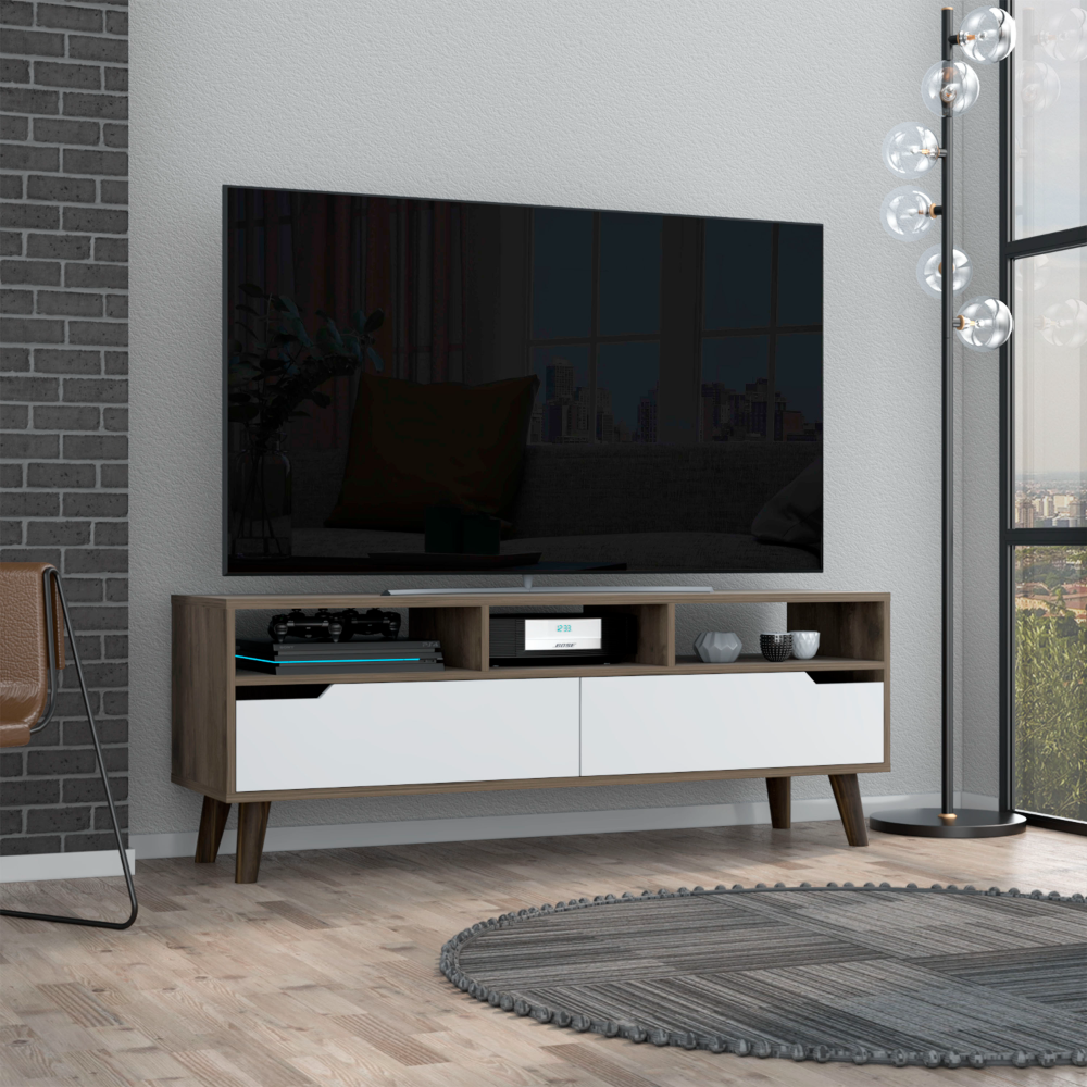 Kobe Tv Stand For Tv S Up 52", Three Open Shelves, Two Flexible Drawers, Dark Walnut White Multicolor 50 59 Inches Particle Board Particle Board