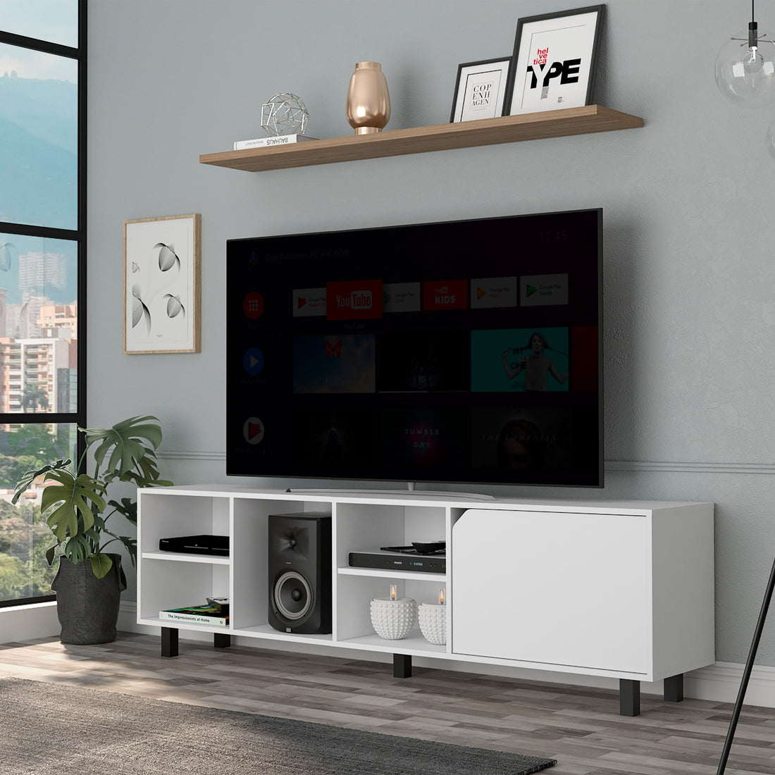 Valdivia Tv Stand For Tv S Up 70", Four Open Shelves, Five Legs White White Particle Board Particle Board