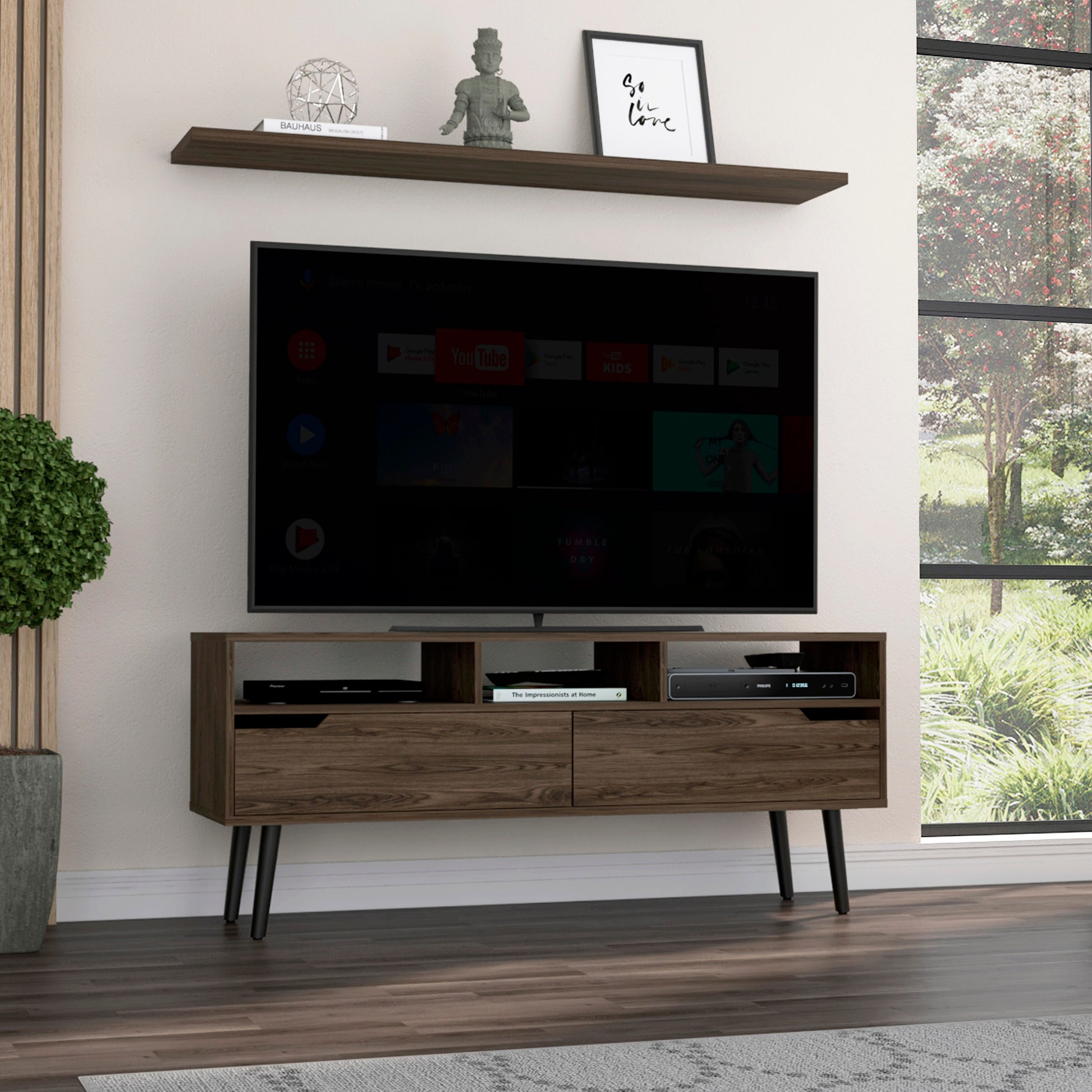 Oslo Tv Stand For Tv S Up 51", Two Drawers, Four Legs, Three Open Shelves Dark Walnut Brown Particle Board Particle Board