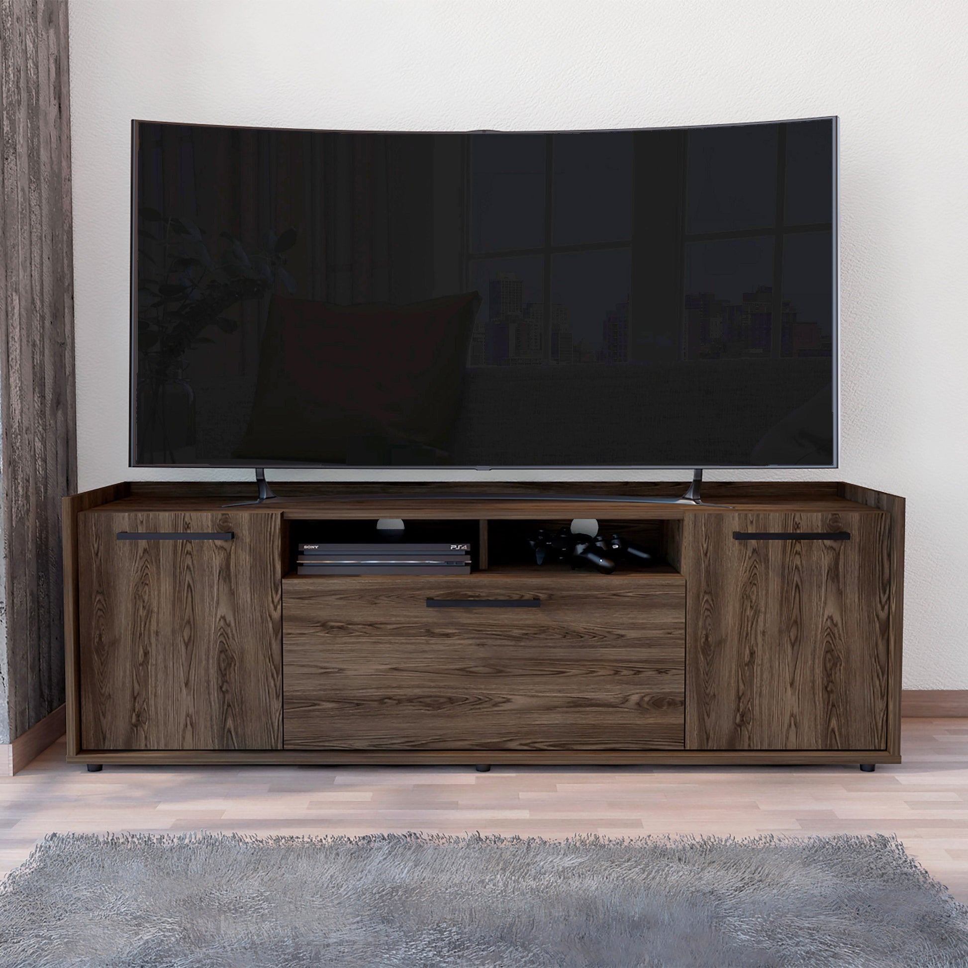 Hollywood Tv Stand For Tv S Up 60", Double Door Cabinets, One Flexible Cabinet, Dark Walnut Brown 60 69 Inches Particle Board Particle Board