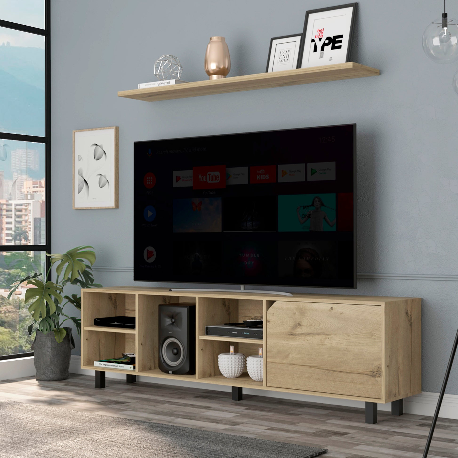 Valdivia Tv Stand For Tv S Up 70", Four Open Shelves, Five Legs Light Oak Beige Particle Board Particle Board