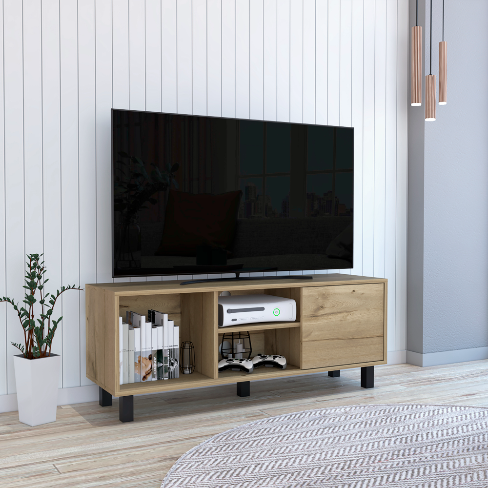 Myrtle Tv Stand, Tabletop,Three Open Shelves, One Cabinet, Light Oak Beige 40 49 Inches Particle Board Particle Board