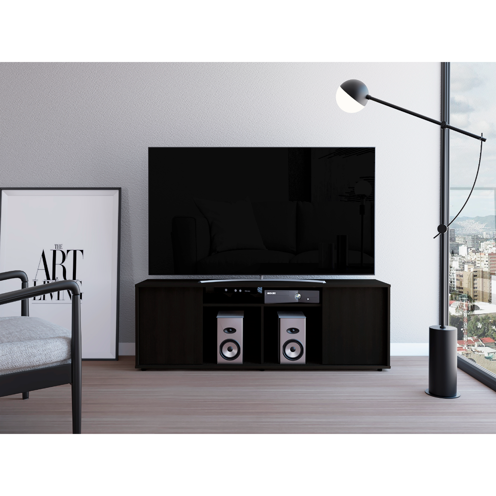 Tv Stand For Tv S Up 55", Two Cabinets With Single Door, Four Shelves, Black Black 50 59 Inches Particle Board Particle Board