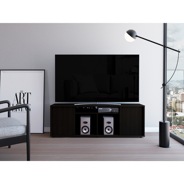 Tv Stand For Tv S Up 55", Two Cabinets With Single Door, Four Shelves, Black Black 50 59 Inches Particle Board Particle Board