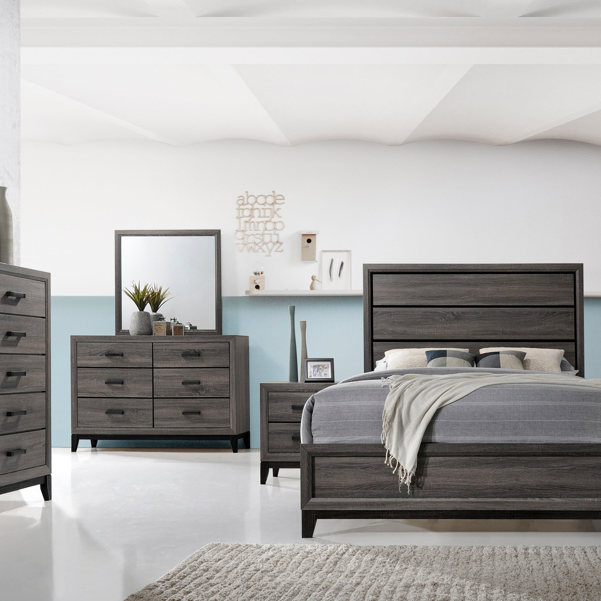 King 5 Pc Contemporary Bedroom Set Made With Wood In Gray Box Spring Required King Gray Wood 5 Piece Set Bedroom Bed Included,Chest Included,Dresser Included,Mirror Included,Nightstand Included