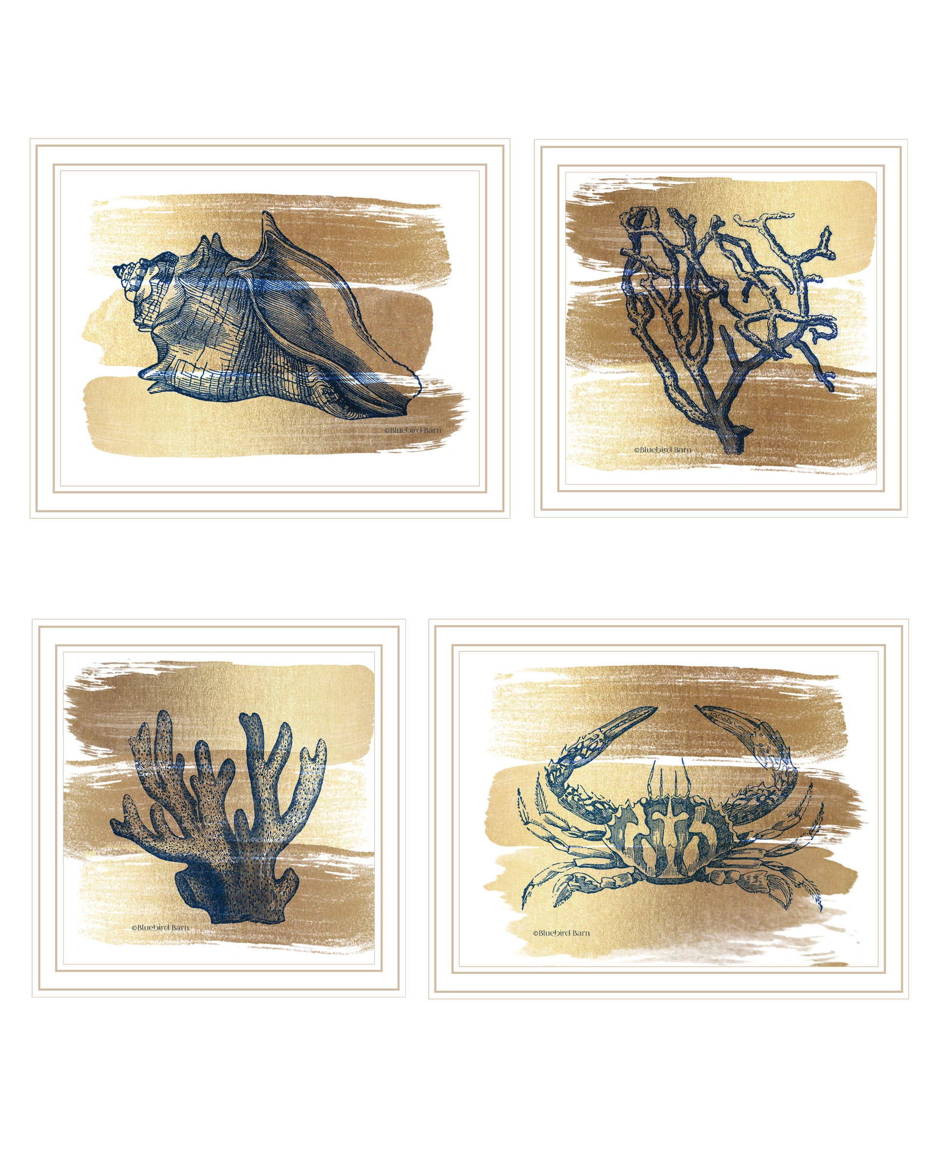 "Gold Sea Collection" 3 Piece Vignette By Bluebird Barn, Ready To Hang Framed Print, White Frame Multicolor Paper