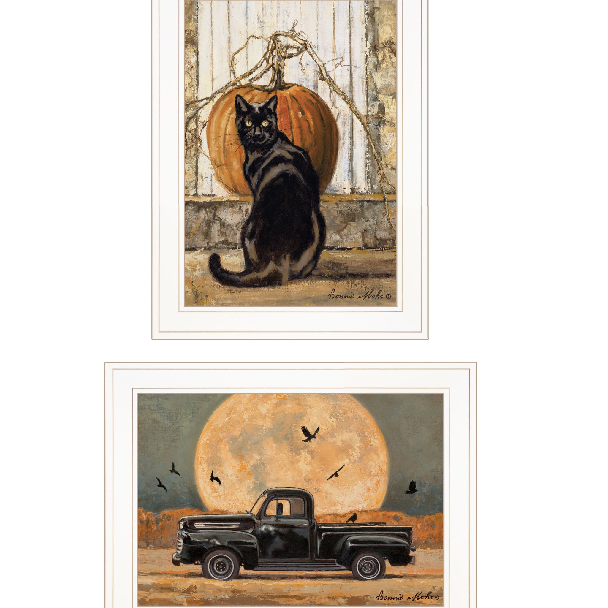 "Harvest Moon With A Black Cat & Truck" 2 Piece Vignette By Bonnie Mohr, Ready To Hang Framed Print, White Frame Multicolor Paper