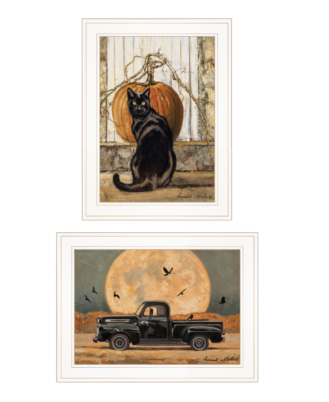 "Harvest Moon With A Black Cat & Truck" 2 Piece Vignette By Bonnie Mohr, Ready To Hang Framed Print, White Frame Multicolor Paper