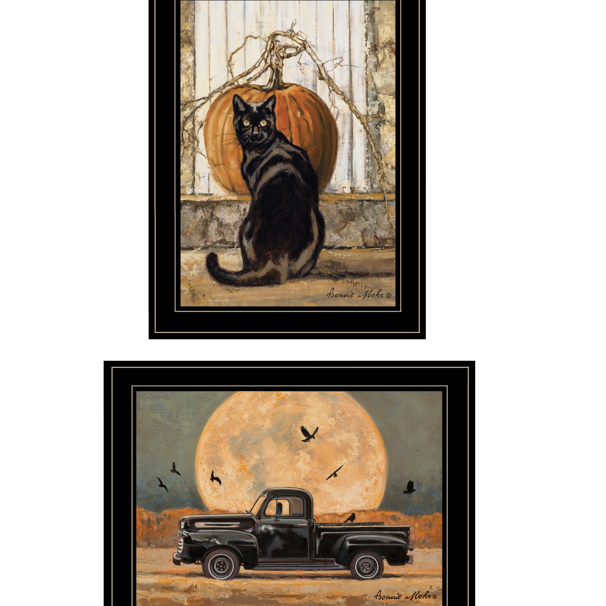 "Harvest Moon With A Black Cat & Truck" 2 Piece Vignette By Bonnie Mohr, Ready To Hang Framed Print, Black Frame Multicolor Paper