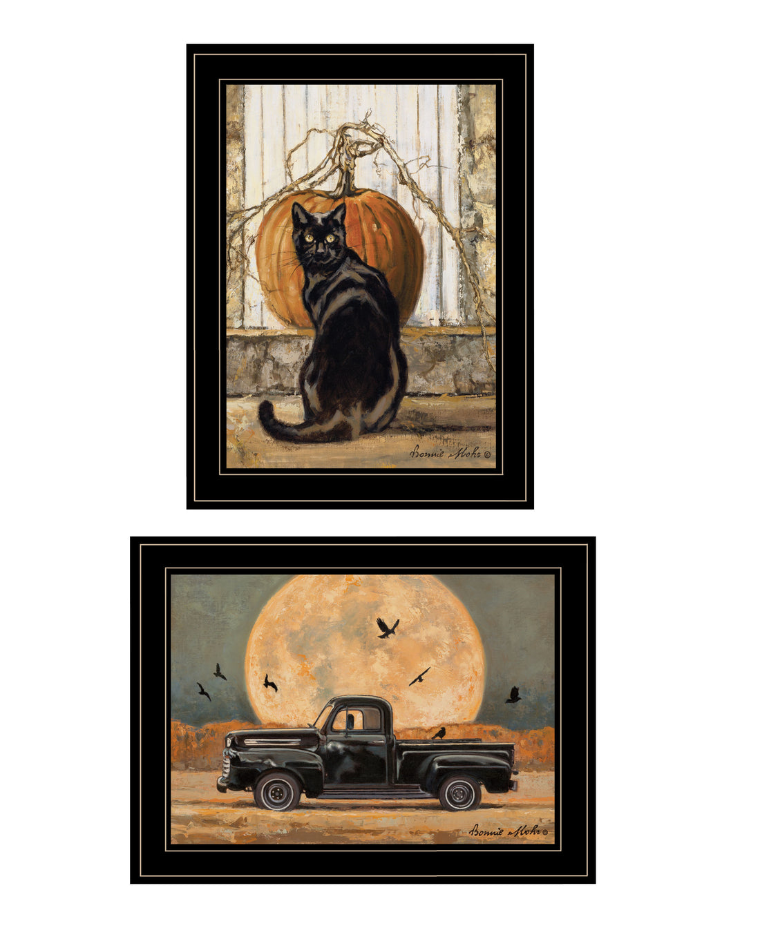 "Harvest Moon With A Black Cat & Truck" 2 Piece Vignette By Bonnie Mohr, Ready To Hang Framed Print, Black Frame Multicolor Paper