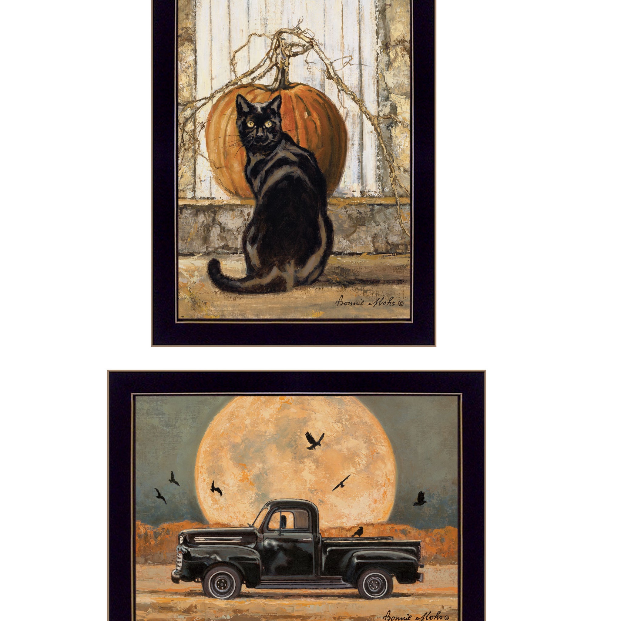 "Harvest Moon With A Black Cat & Truck" 2 Piece Vignette By Bonnie Mohr, Ready To Hang Framed Print, Black Frame Multicolor Paper