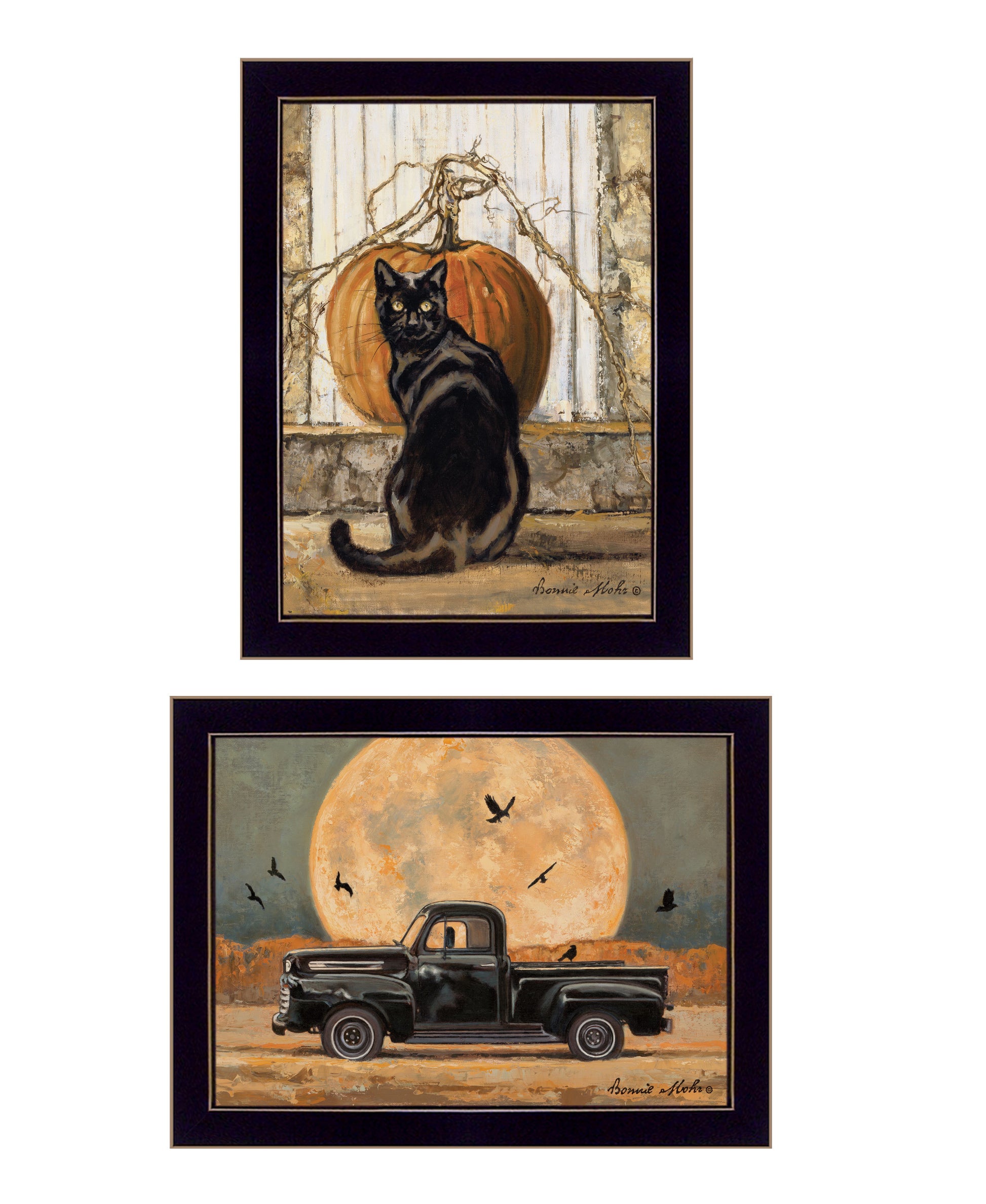 "Harvest Moon With A Black Cat & Truck" 2 Piece Vignette By Bonnie Mohr, Ready To Hang Framed Print, Black Frame Multicolor Paper